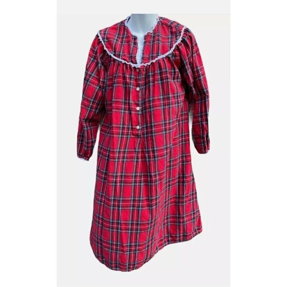 Lanz of Salzburg  Classic Red Plaid Flannel Nightgown Cottagecore Knee Length L